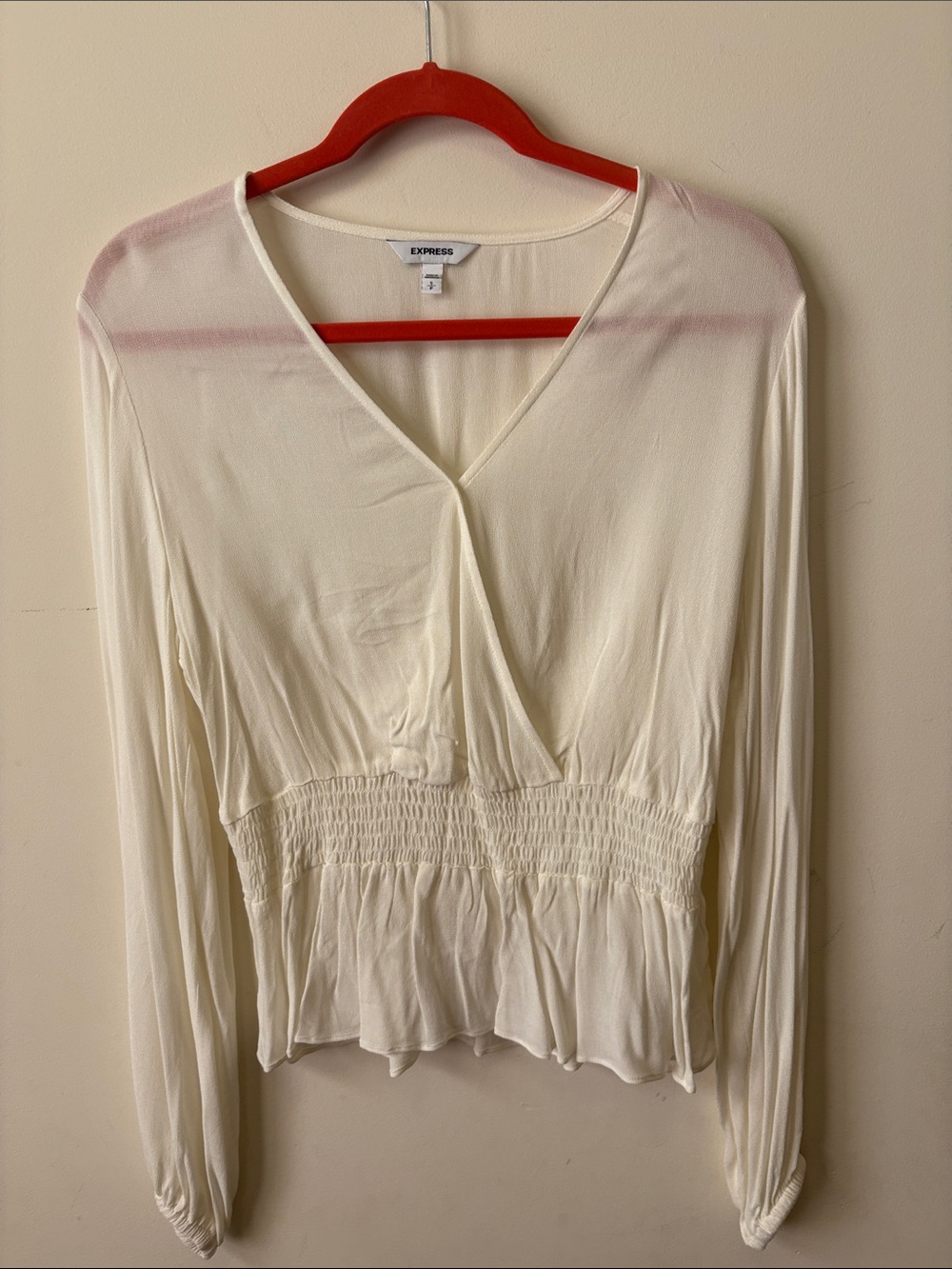 Express Cream V-Neck Smocked Waist Long-Sleeve Blouse